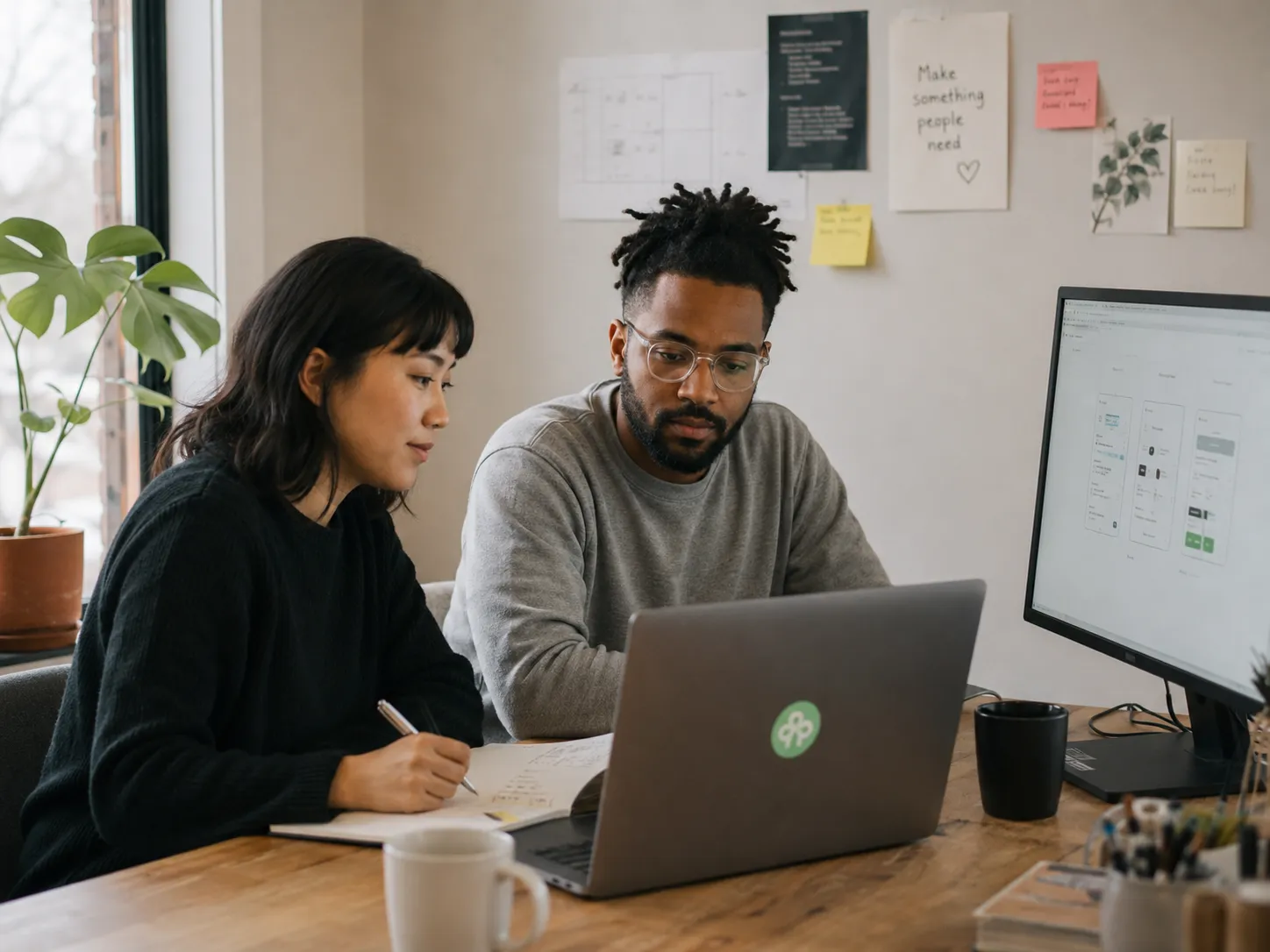 Two colleagues side by side reviewing a UI design on a laptop