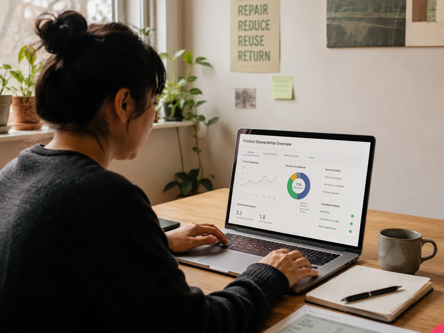 Someone reviewing a live product dashboard on a laptop in a calm workspace