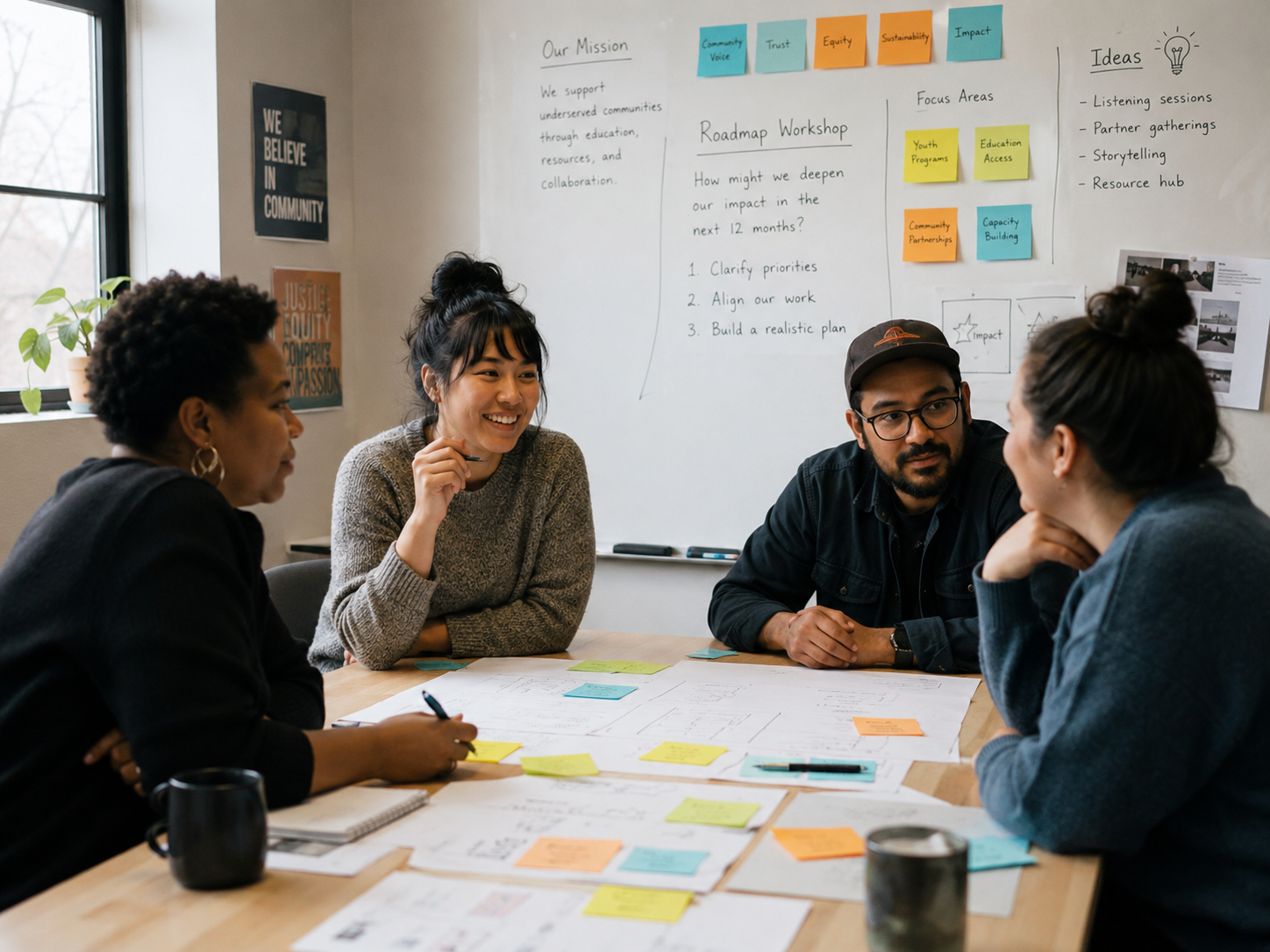 A team gathered around a table covered in sticky notes, working through a roadmap session