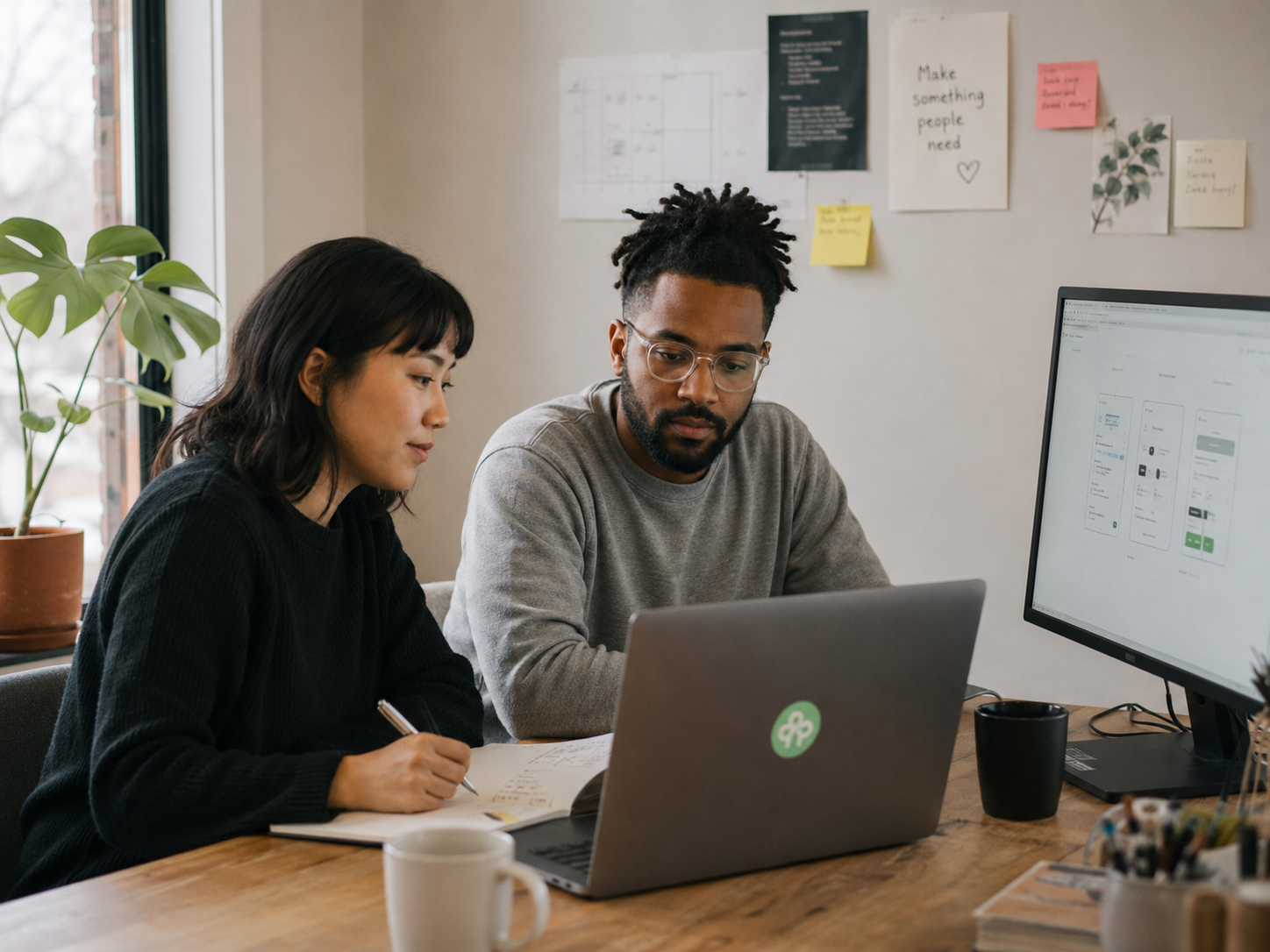 Two colleagues side by side reviewing a UI design on a laptop